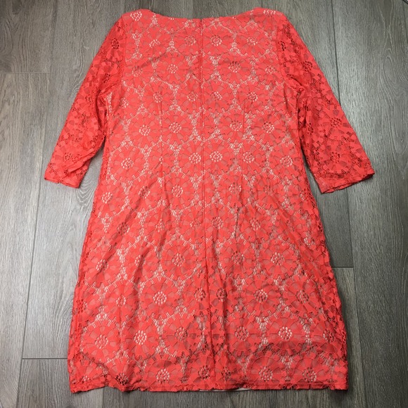 Jessica Howard All Over Lace Overlay Shift Dress 3/4 Sleeve Coral Orange Size 16 - Picture 2 of 7